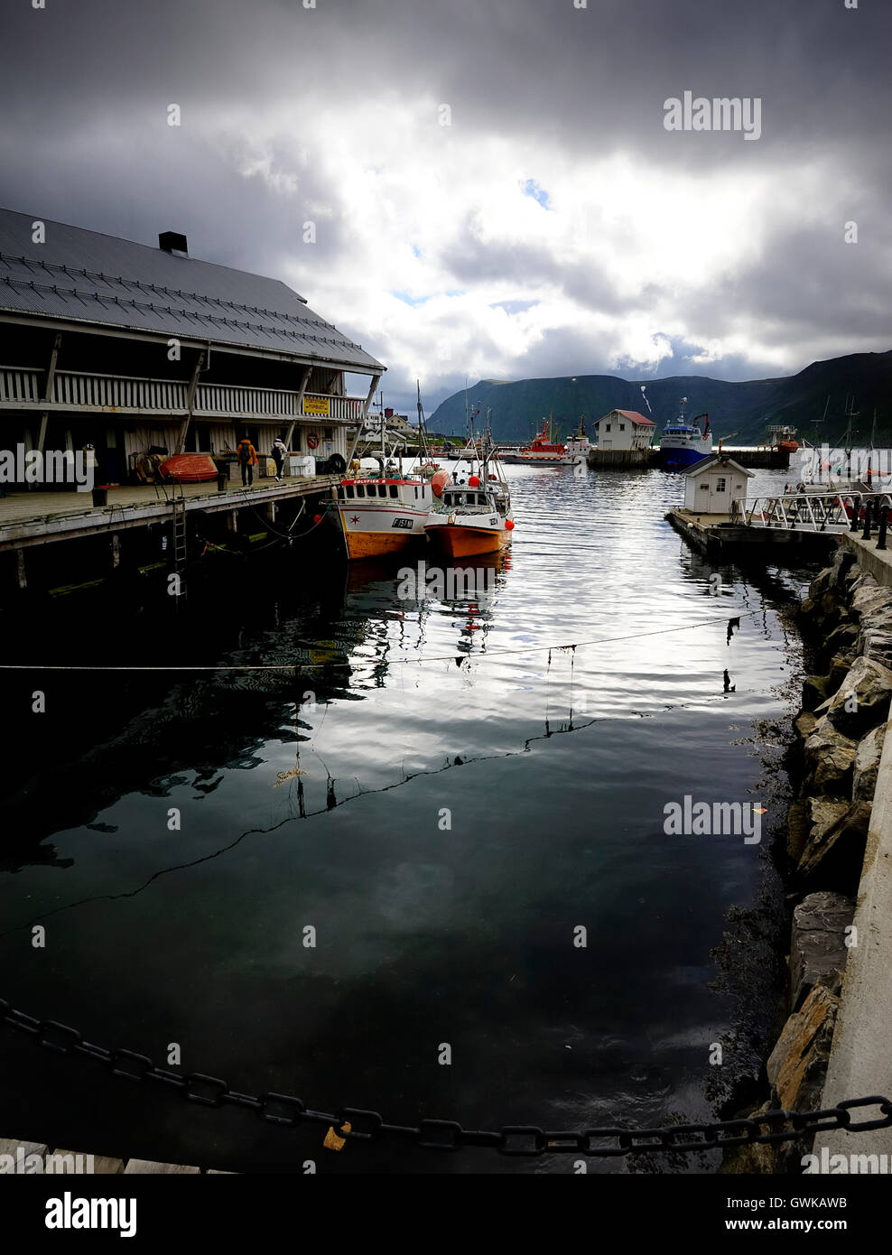 Fishing boats in a Norwegian Harbour Stock Photo