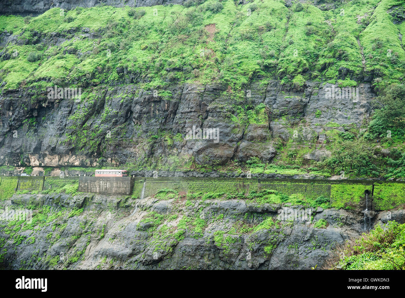 The image of State road transport bus in Malshej Ghats, western Ghats, Monsoon, Maharashtra, India Stock Photo