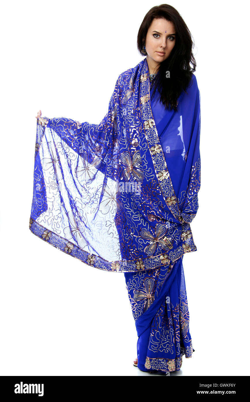 Indian woman in blue sari Cut Out Stock Images & Pictures - Alamy