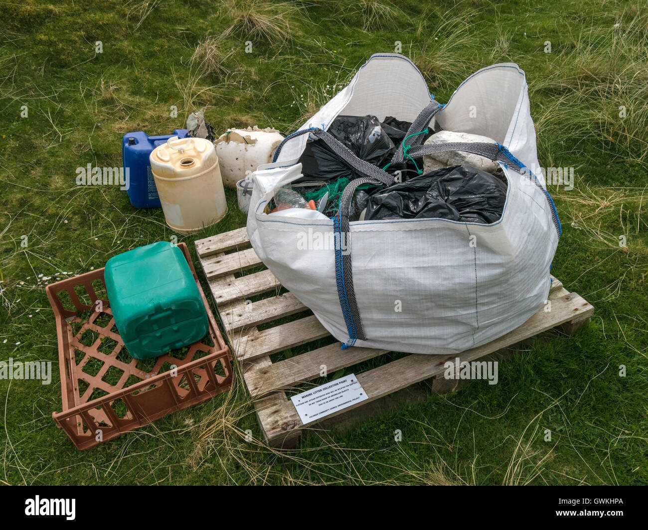 Marine litter collection point, Plaide Mhor, Ardskenish, Isle of Colonsay, Scotland, UK. Stock Photo