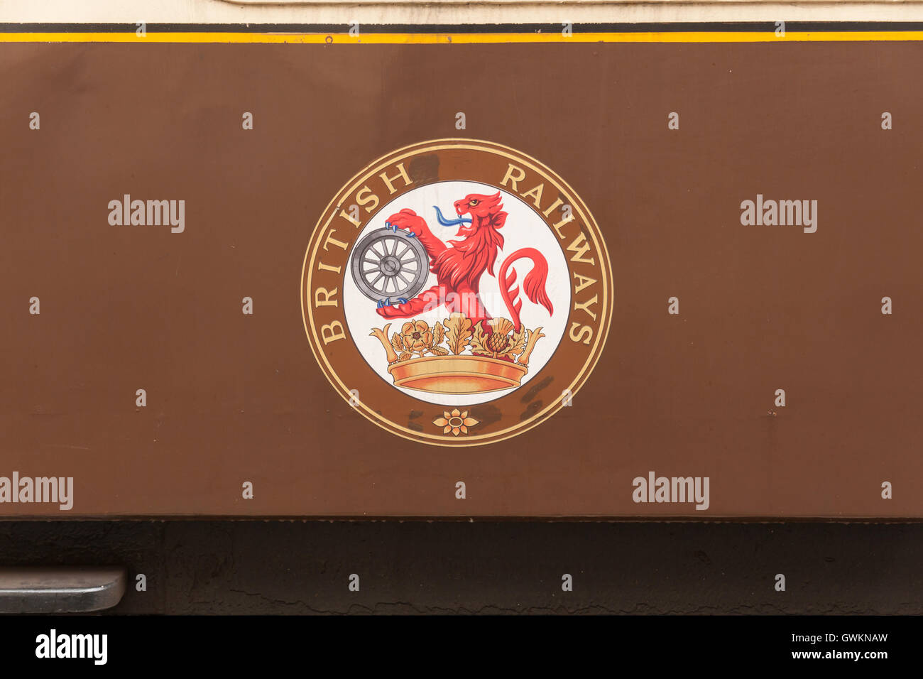 Crest of the now defunct British Railways (BR) on an old railway carriage. BR ran 1947 and 1997 under public ownership Stock Photo