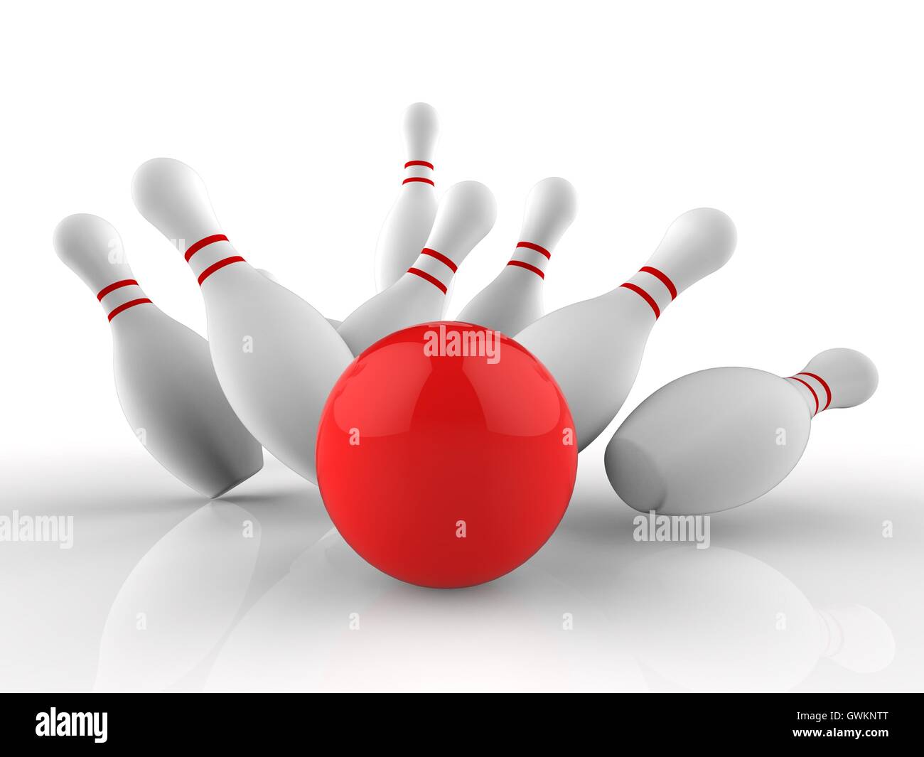 Bola de boliche vermelha e skittles brancos espalhados isolados em fundo  preto conjunto de jogos renderização 3d
