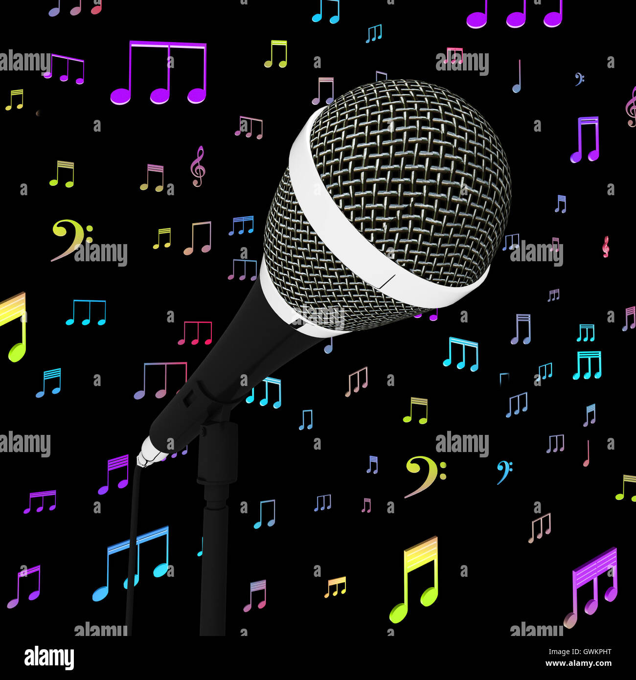 Microphone Closeup With Music Notes Shows Songs Or Hits Stock Photo