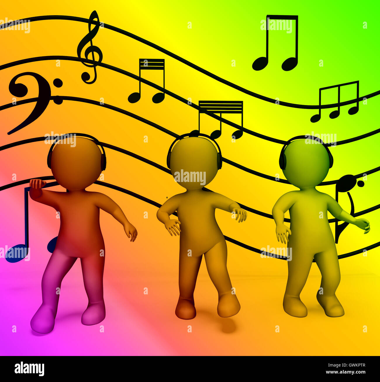 Colorful Characters With Headphones Listening To Music Disco And Stock Photo