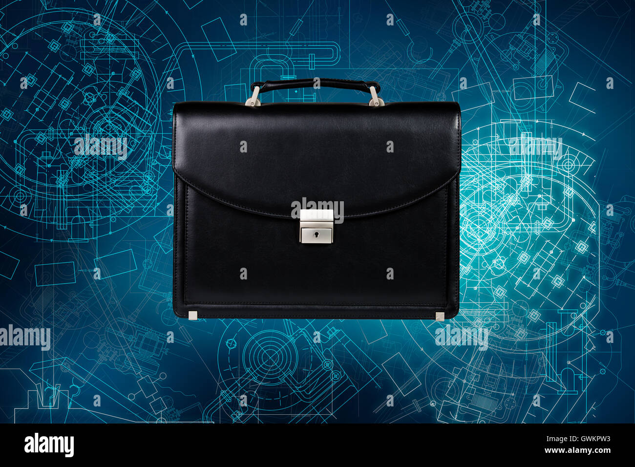 Black business briefcase over architecture blueprint background Stock Photo