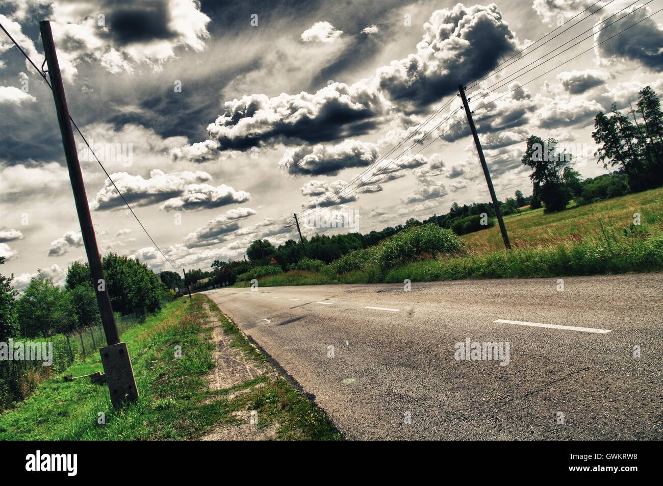 asphalt, bend, concept, conceptual, country, countryside, curve, destination, direction, drive, fence, forest, highway Stock Photo