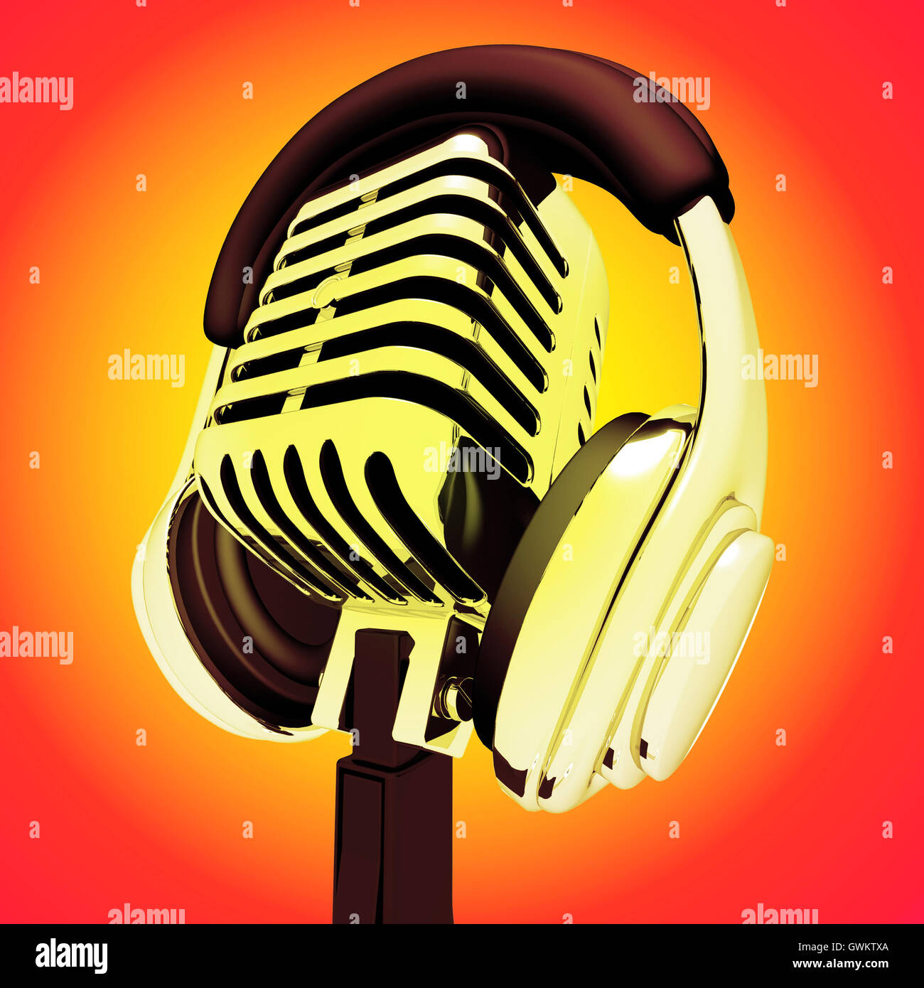 Microphone And Headphones Shows Recording Studio Or Performing Stock Photo