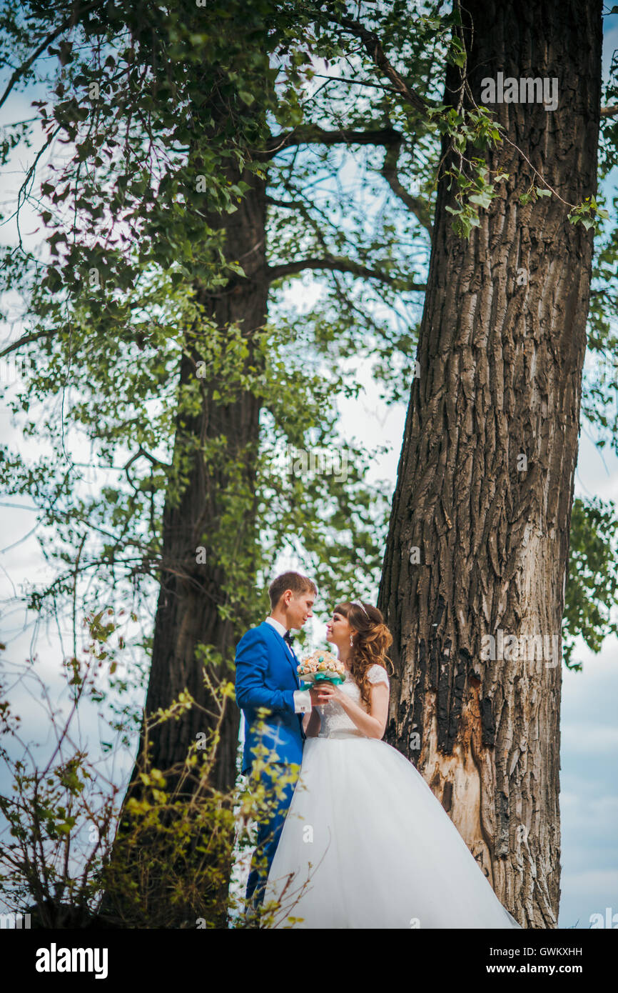 bride and groom standing and hugging on the background of trees Stock ...