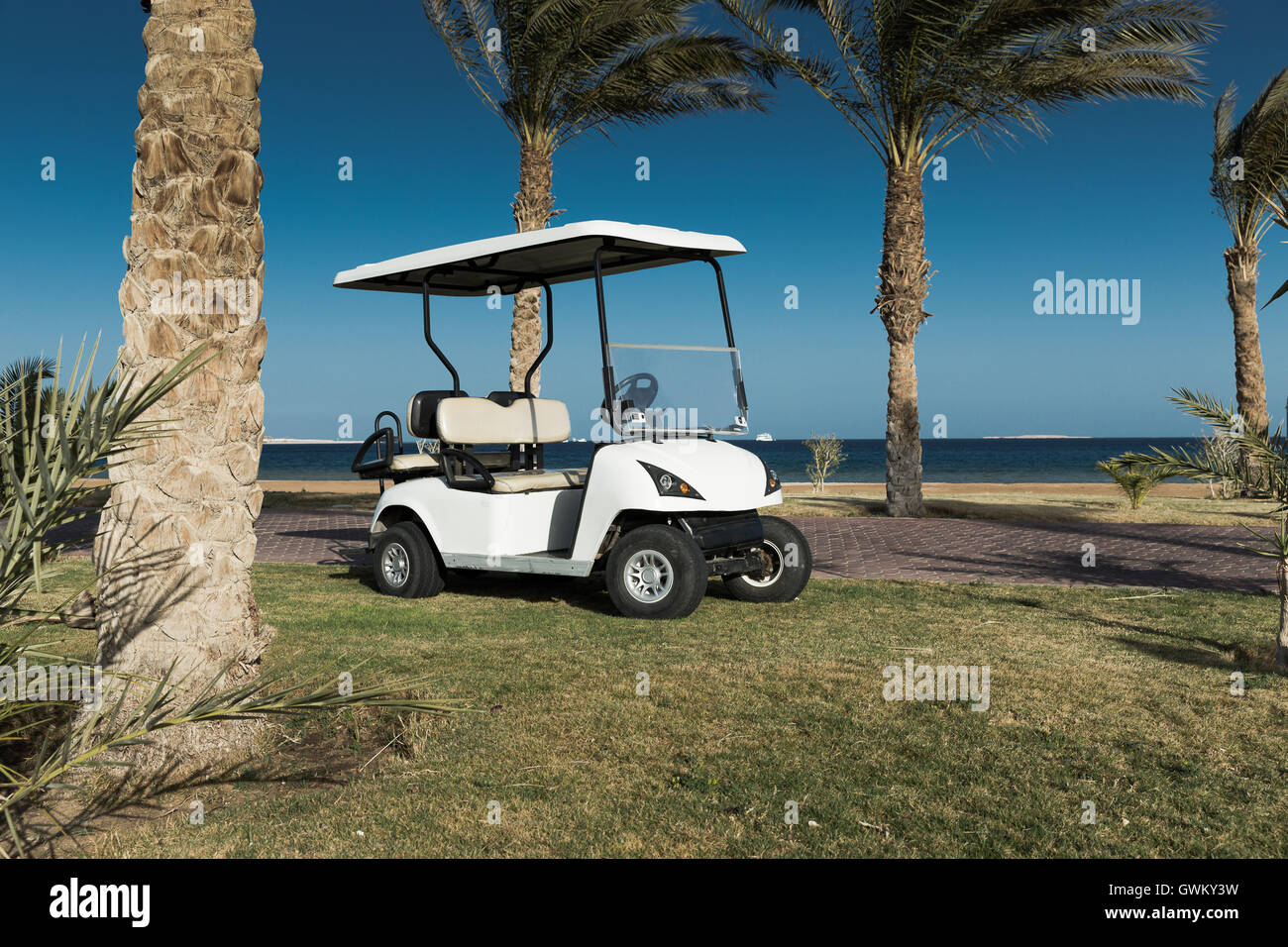 White Golf Electric Car on the lawn Stock Photo