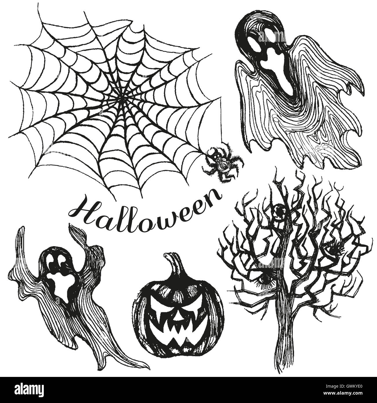 Set of halloween icons on white background. Stock Photo
