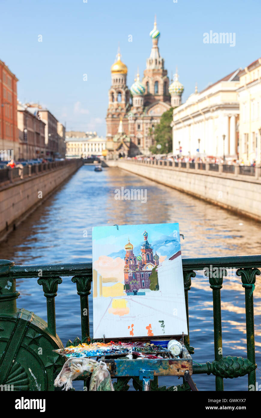 Drawing Church of the Savior on Spilled Blood in St. Petersburg, Russia Stock Photo