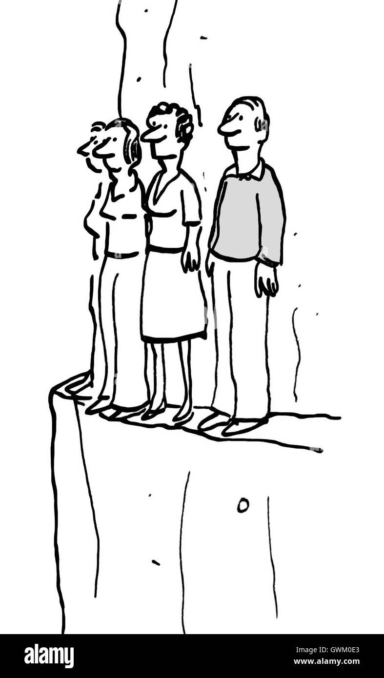 B&W illustration of four people standing on a very narrow cliff ledge. Stock Photo