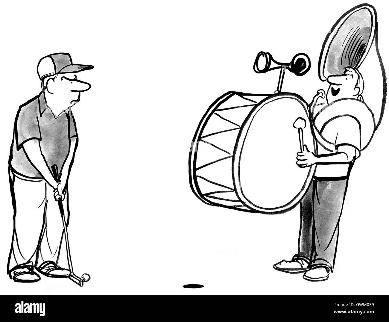 B&W illustration showing a golfer trying to putt while being disturbed by a loud one man band. Stock Photo