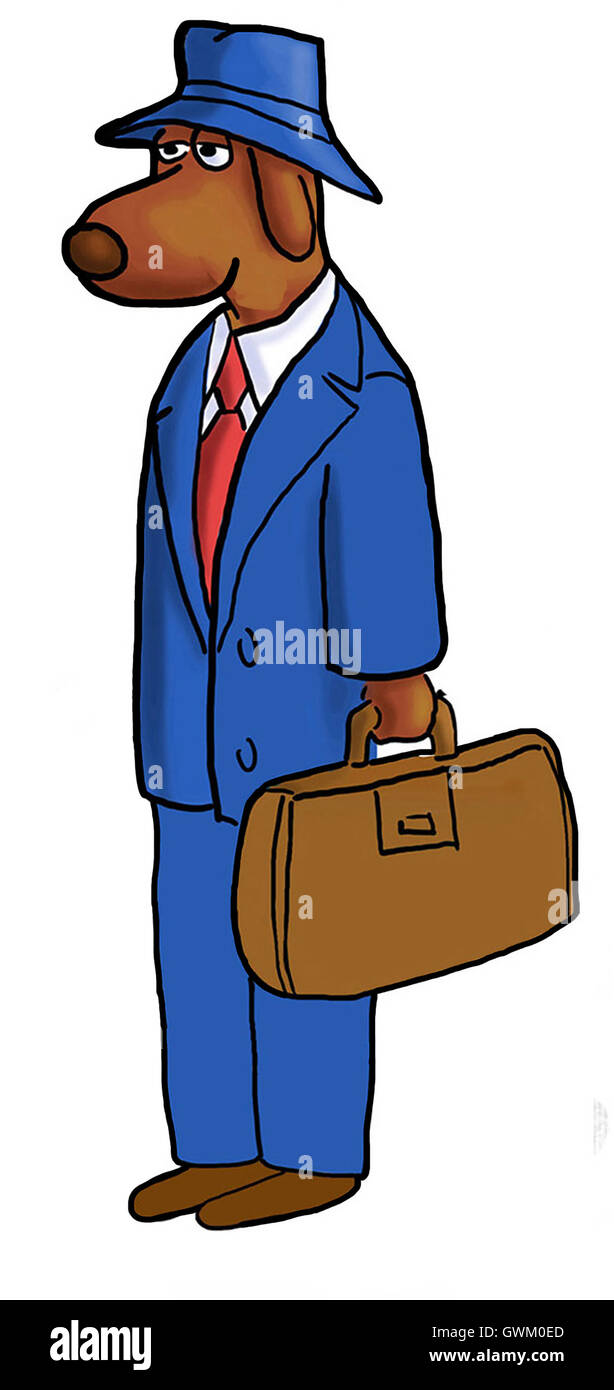 Color illustration of a business dog dressed in a blue suit and hat and carrying a briefcase. Stock Photo