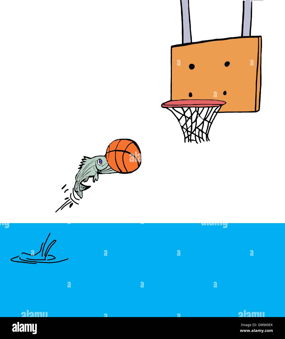 Color illustration of a fish jumping out of water to put a basketball