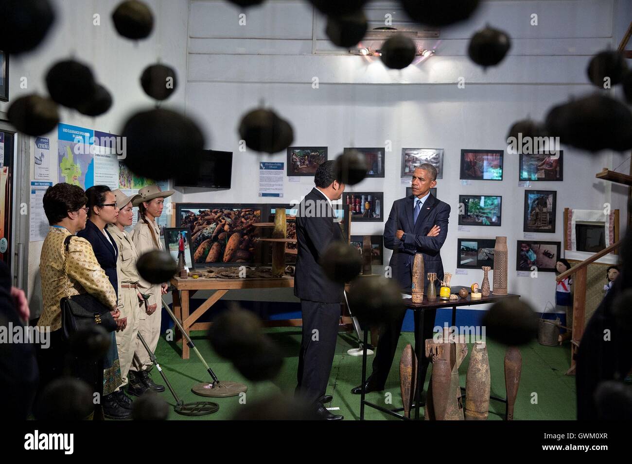 U.S President Barack Obama meets with Thoummy Silamphan and other unexploded ordnance blast survivors at the Cooperative Orthotic Prosthetic Enterprise September 7, 2016 in Vientiane, Laos. Obama is in Laos for the ASEAN Summit. Stock Photo