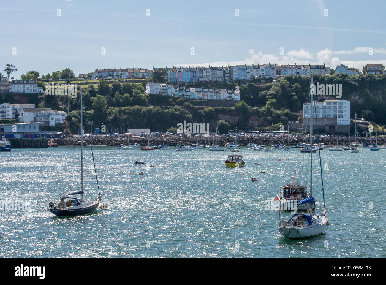 Coloured houses in Brixham overlooking the harbor Stock Photo Alamy