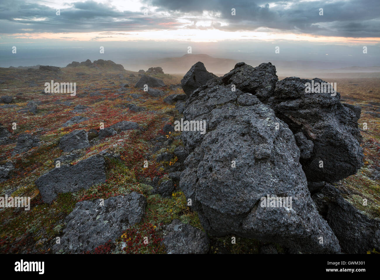 Weathering of volcanic lava at the foot of the Tolbachik volcano on mountain plateau, Far east, Russia, Kamchatka Stock Photo