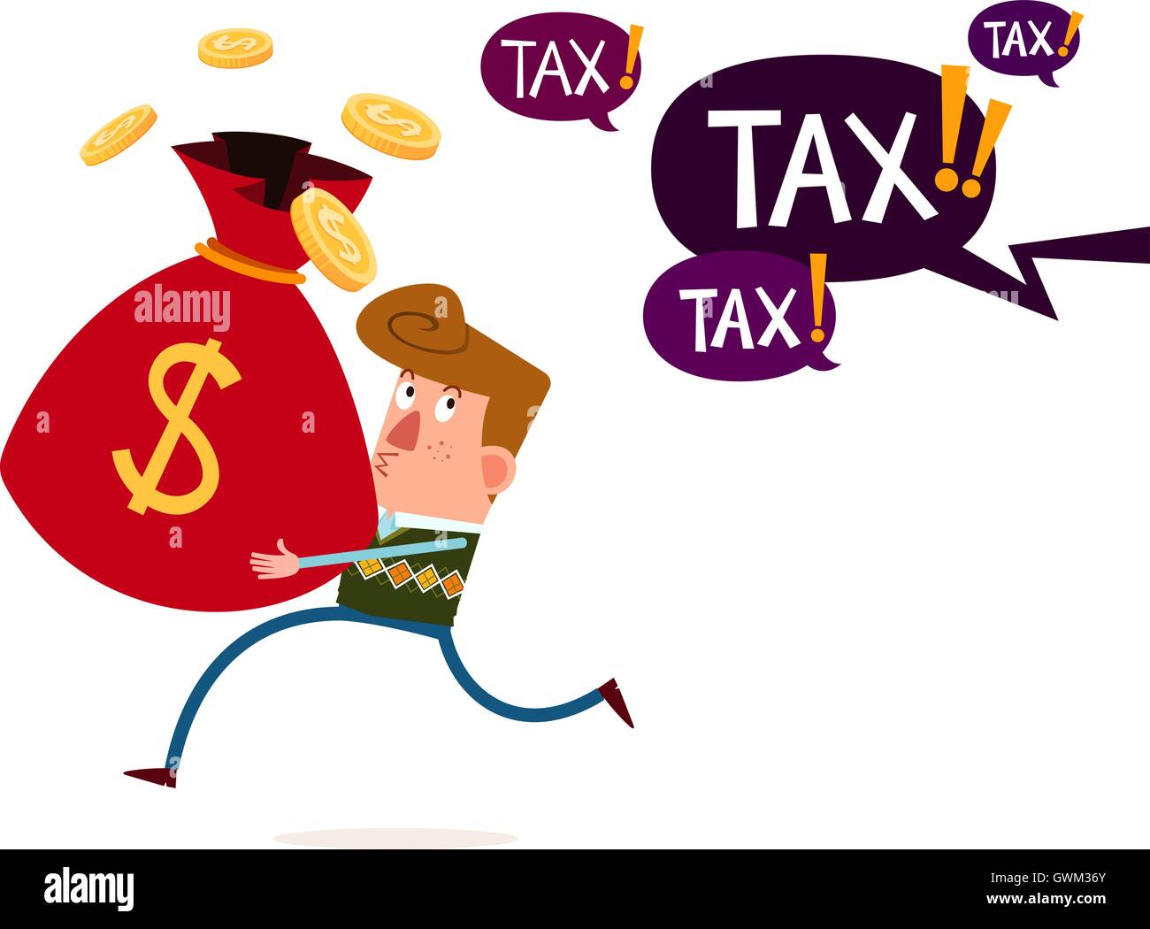 young millionaire carry moneybags run away from tax and financial threat Stock Vector