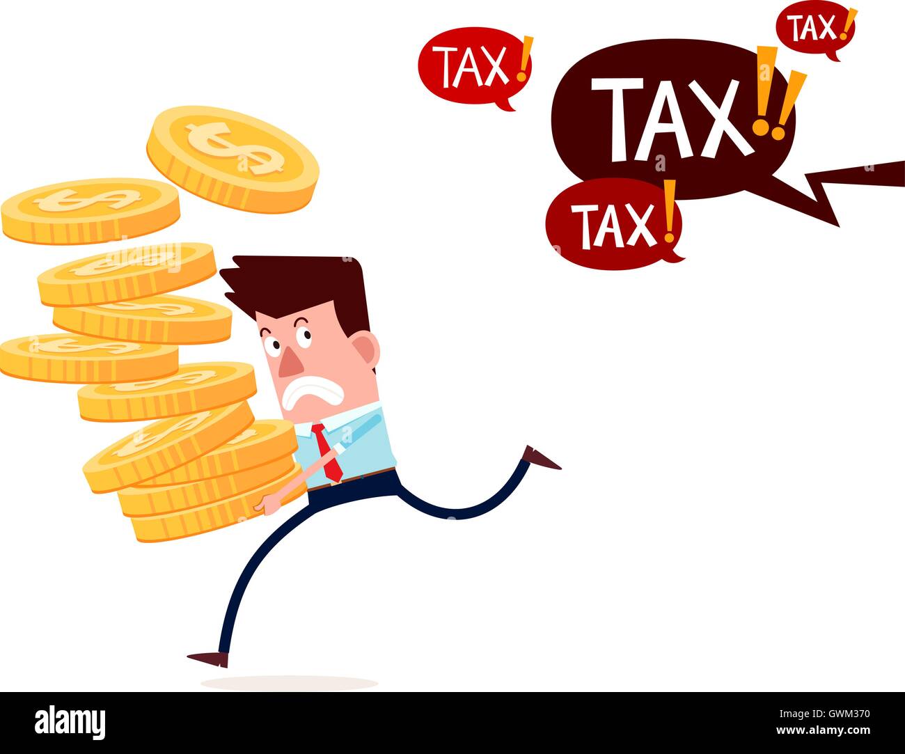 young successful businessman carry stack of gold coins running away from paying taxes Stock Vector