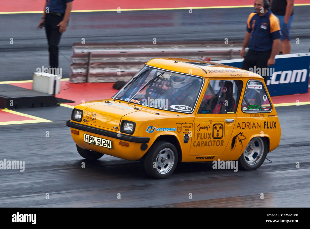 Jonny Smith driving his Electric Enfield 8000 drag racing car at Santa Pod. Stock Photo