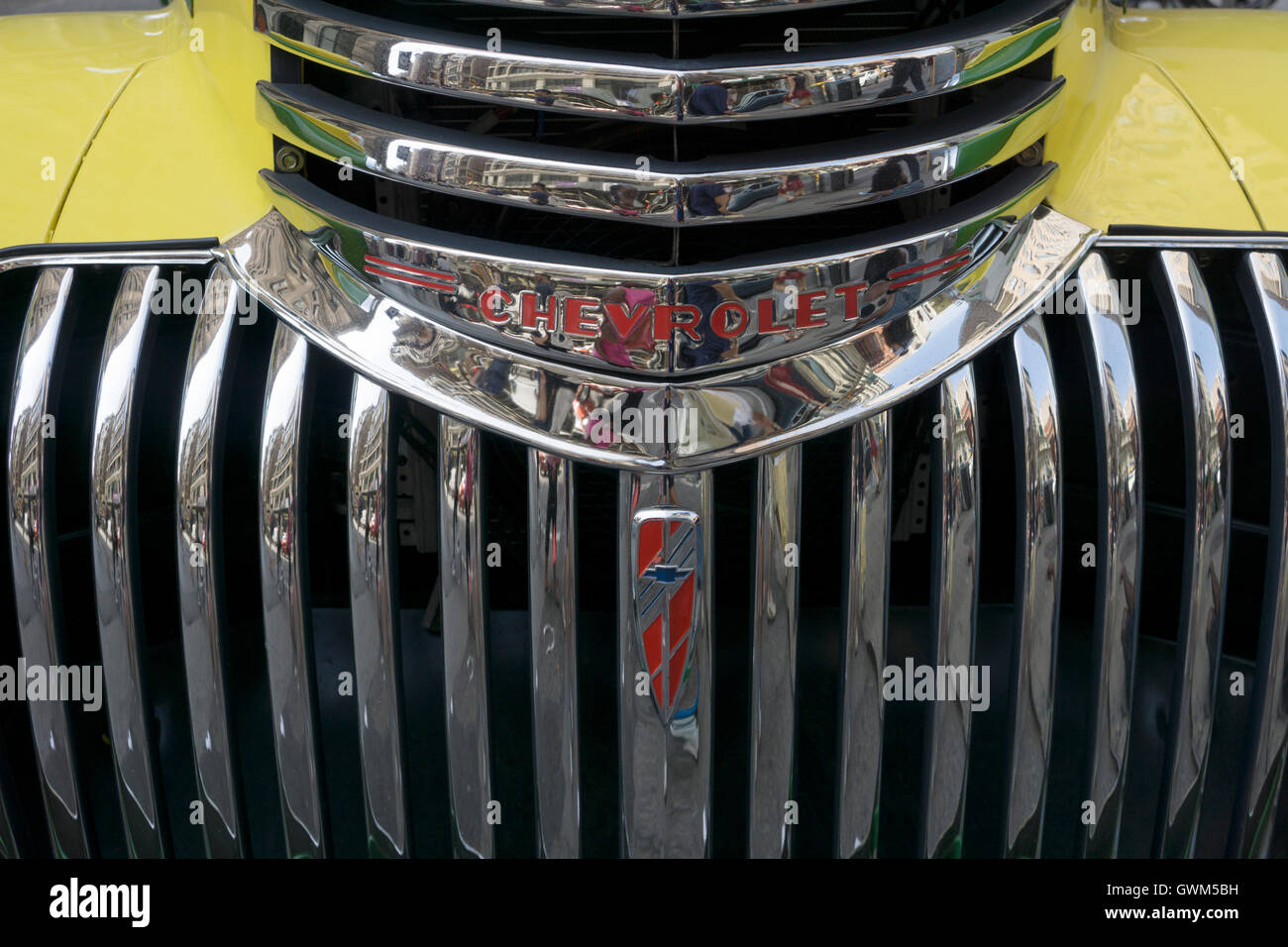 Detail of the grill of a refurbished 1946 Chevrolet parked in Greenwich Village in Manhattan, New York City. Stock Photo