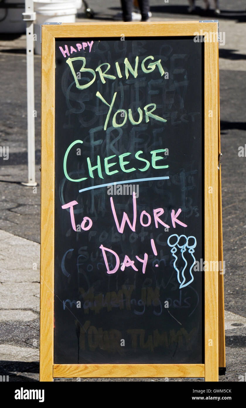 A sign at the Union Square Green Market in New York City celebrating 'Bring Your Cheese to Work Day.' Stock Photo