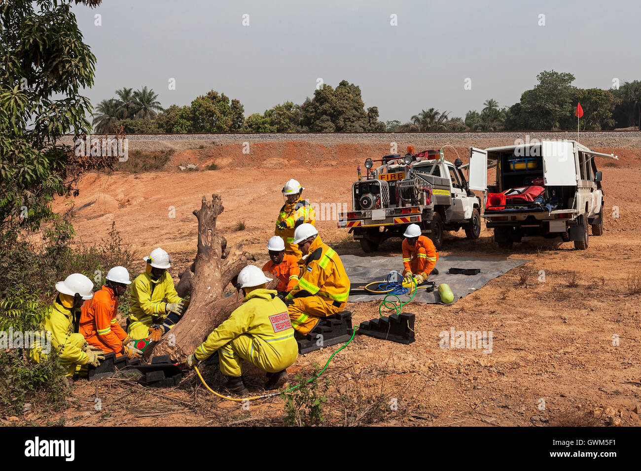 Employed Sierra Leoneans from emergency response team on iron ore project, undergoing pneumatic lifting gear training on patient trapped under tree Stock Photo