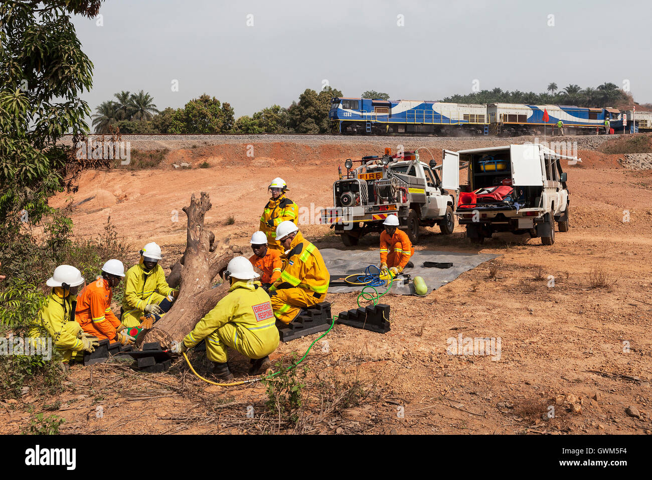 Employed Sierra Leoneans from emergency response team on iron ore project, undergoing pneumatic lifting gear training on patient trapped under tree Stock Photo