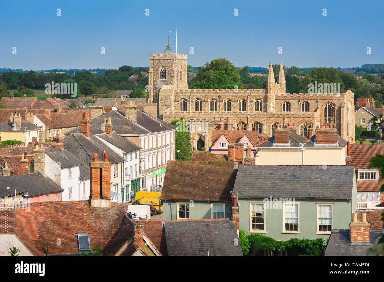 England village church, an aerial view of the village of Clare with its historic medieval church in Suffolk, England, UK. Stock Photo