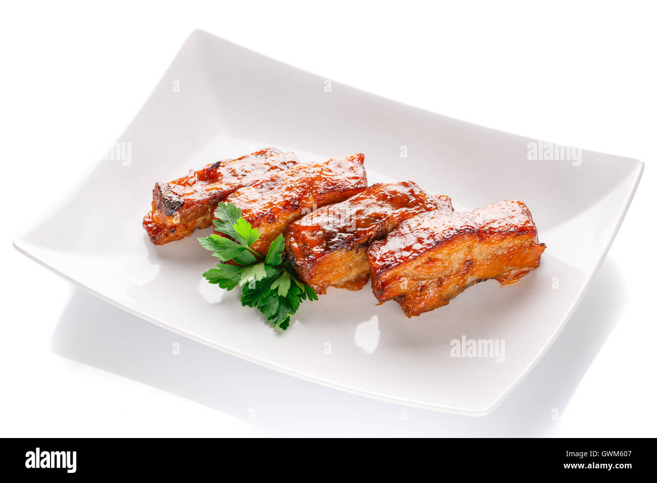 Restaurant food - grilled steak on white Stock Photo