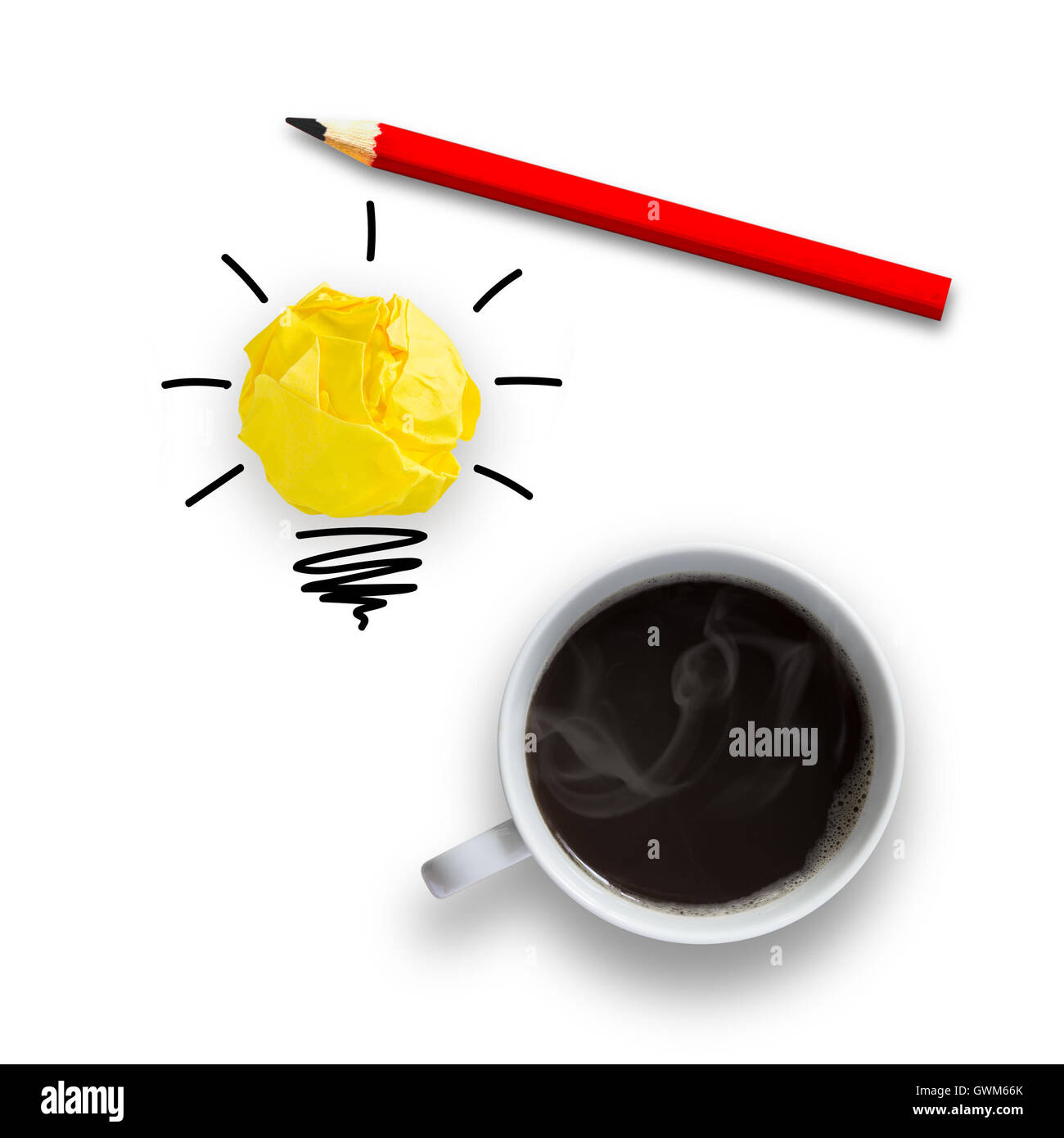 Idea concept with light bulb pencil and a cup of coffee, idea concept Stock Photo