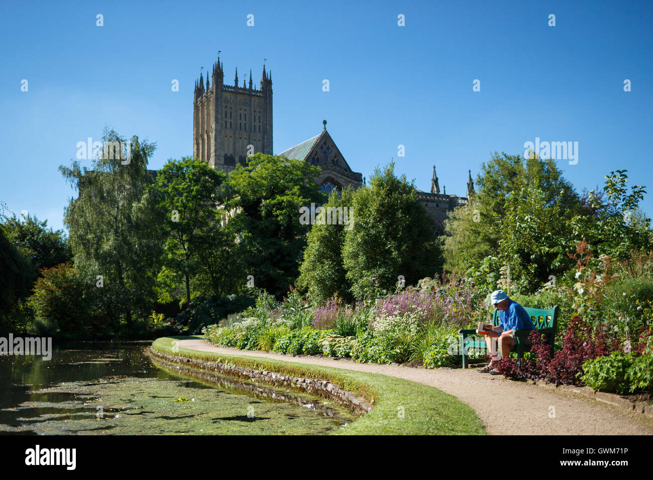 Wells Cathedral Church from the Bishop's Palace Gardens Stock Photo