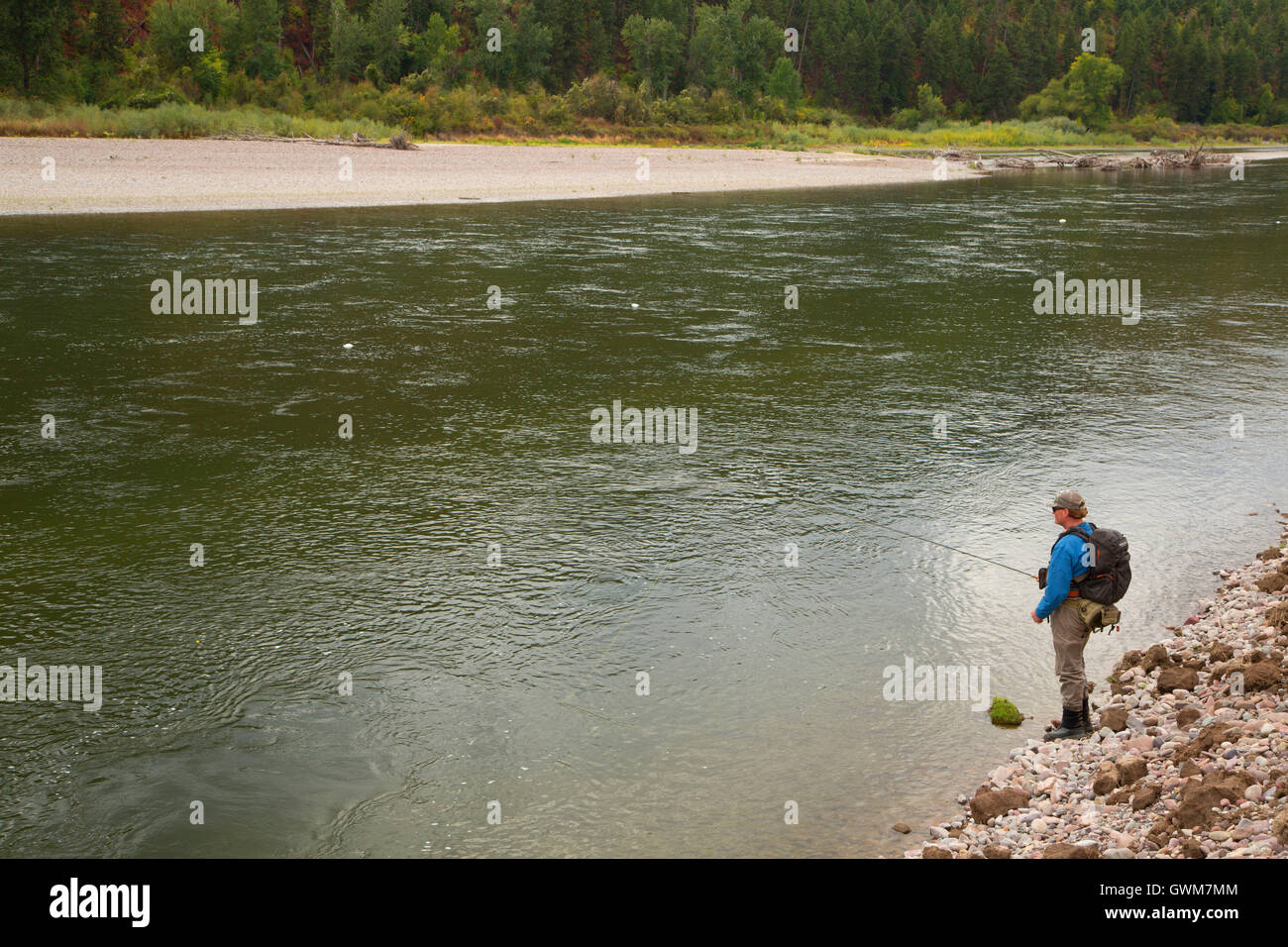 Flyfishing the Clark Fork River, Erskine Fishing Access Site, Montana Stock Photo