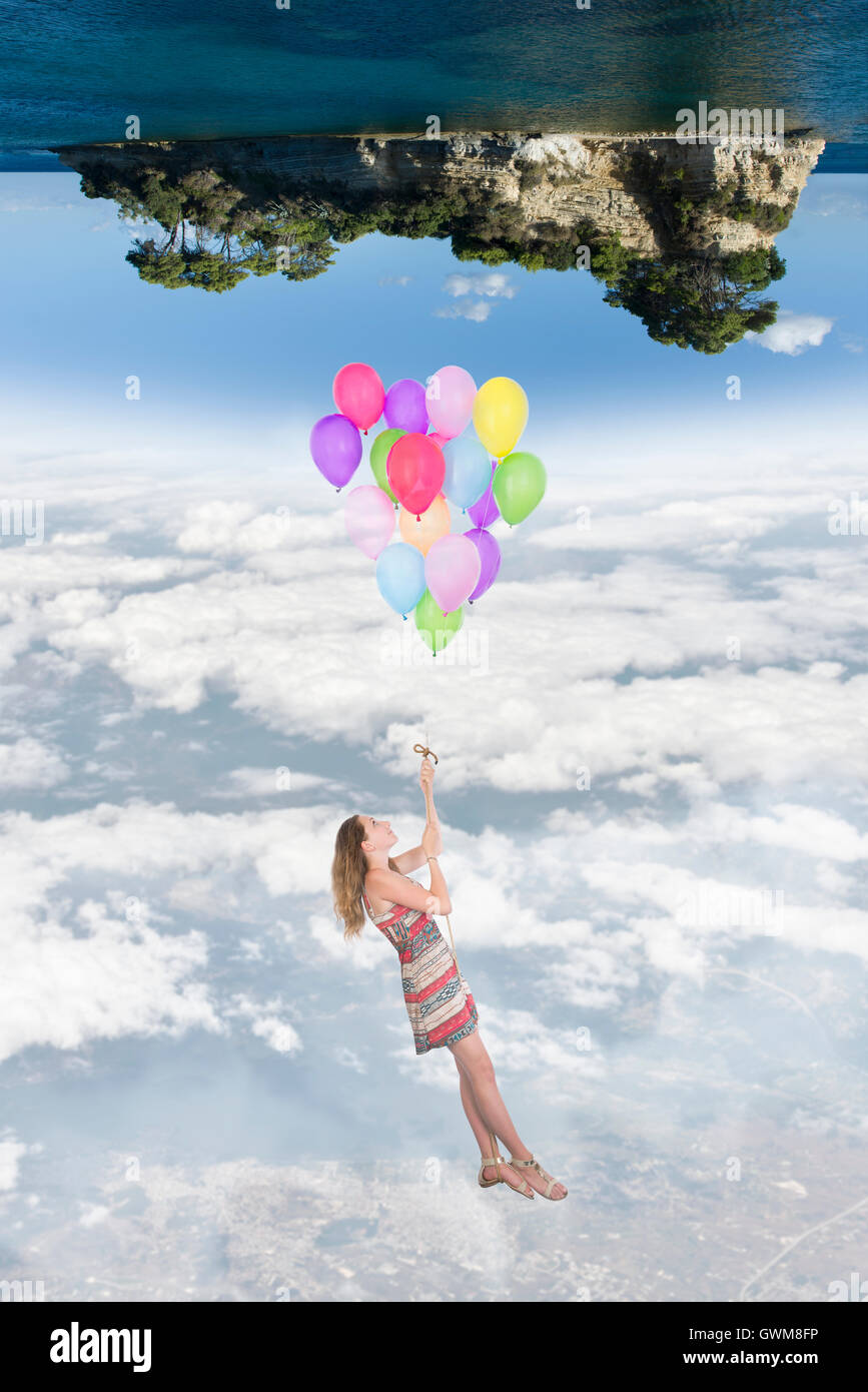Girl Floating With Balloons