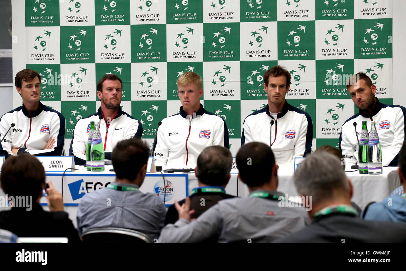 Great Britain's Jamie Murray, captain Leon Smith, Kyle Edmund, Andy Murray and Dan Evans during a press conference at the Emirates Arena, Glasgow. Stock Photo