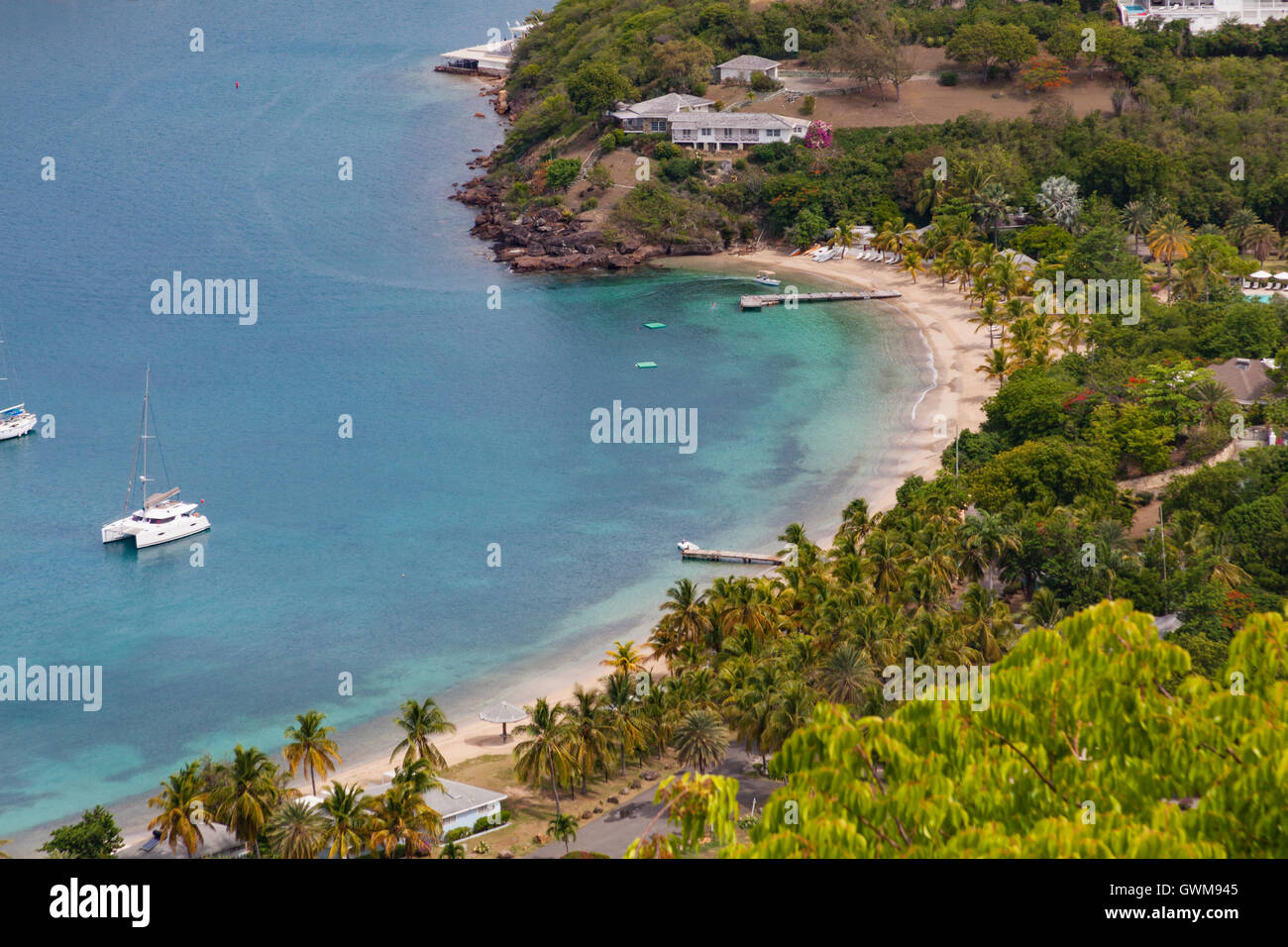 Looking down on a beach in English Harbour from the lookout point at