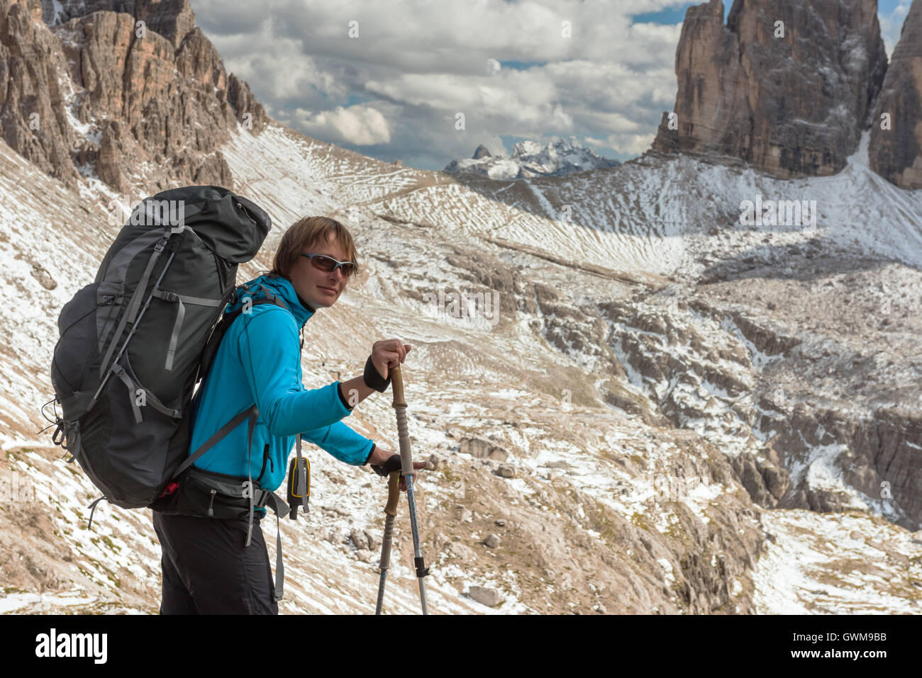 hiker in front of Alps mountains, Italy Stock Photo - Alamy