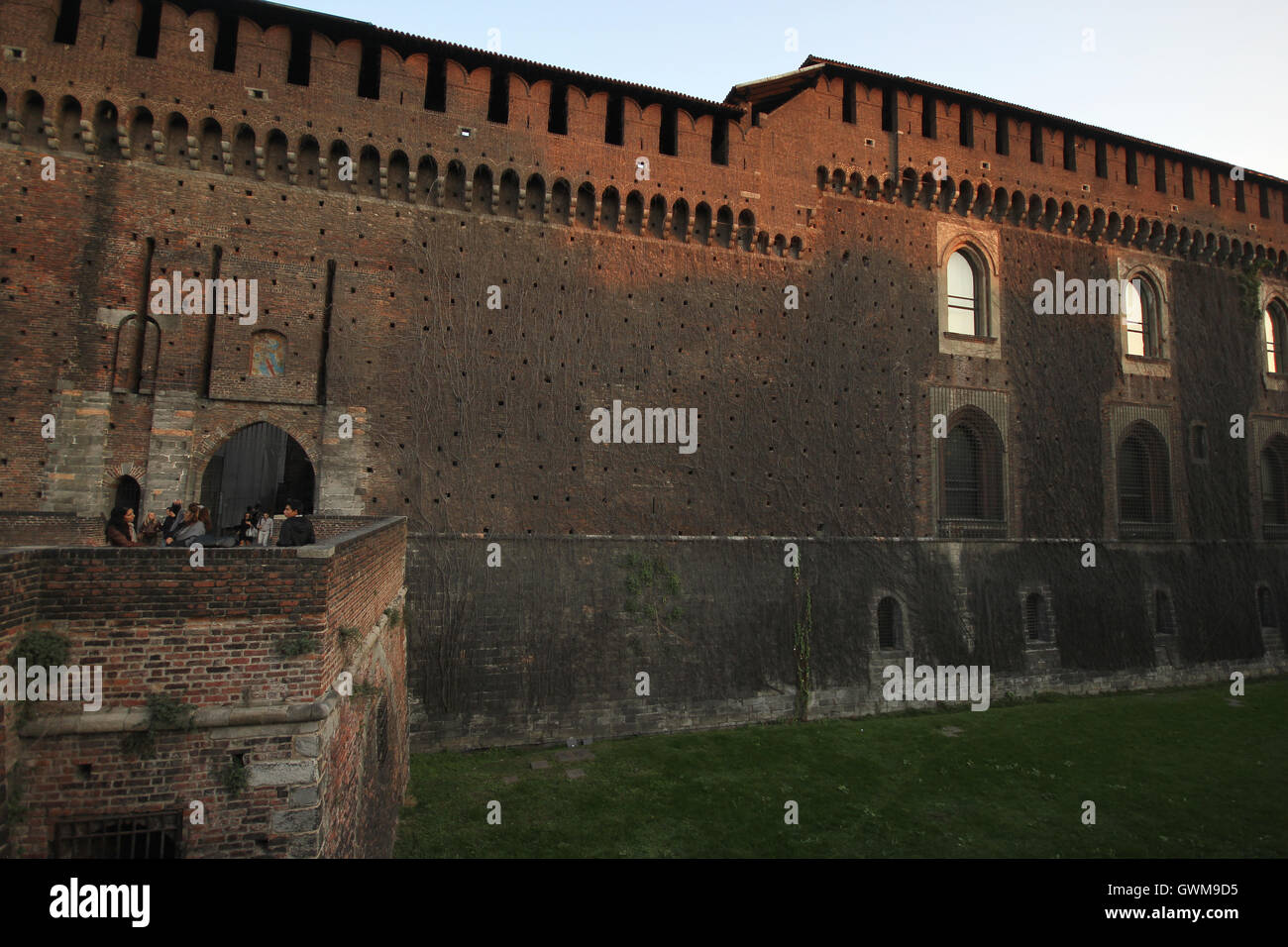 the walls of the Sforzesco Castle and it's moat, Milan, Italy, Castello Sforzesco Stock Photo