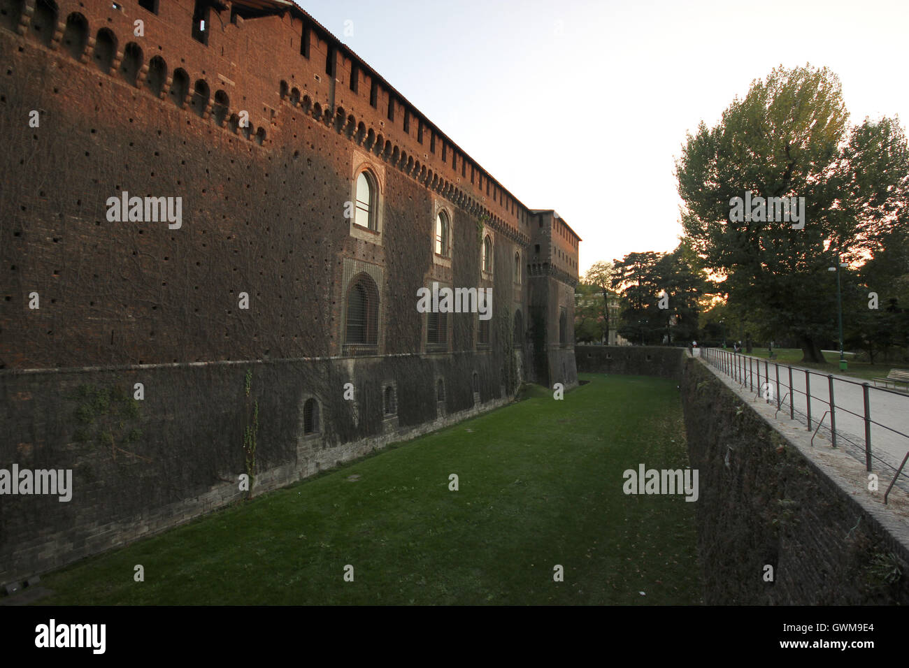 a beautiful view of the walls of the Sforzesco Castle, Milan, Italy, Castello Sforzesco Stock Photo