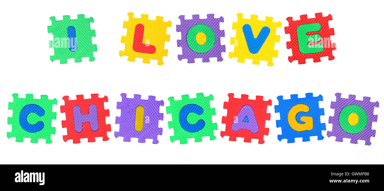 Message I Love Chicago, from letters puzzle, isolated on white background. Stock Photo