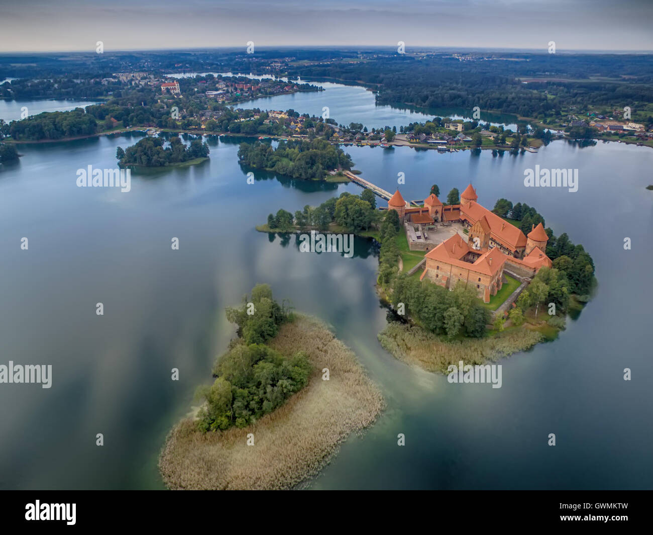 Trakai, Lithuania: Island castle, aerial UAV top view Stock Photo