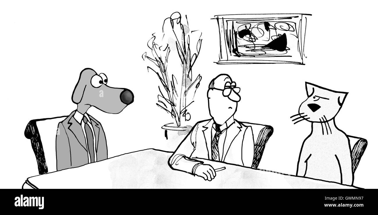 B&W business illustration showing a business cat sneering at a business dog in a meeting. Stock Photo