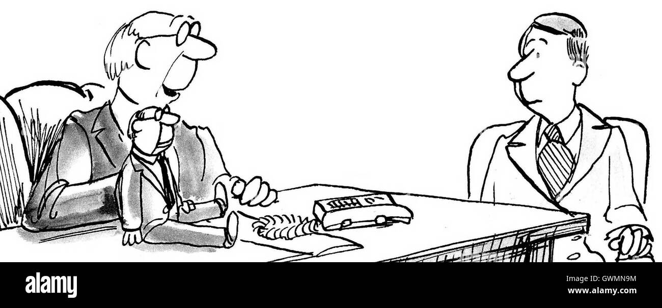 B&W business illustration showing a dummie doing the talking for the boss in a meeting. Stock Photo