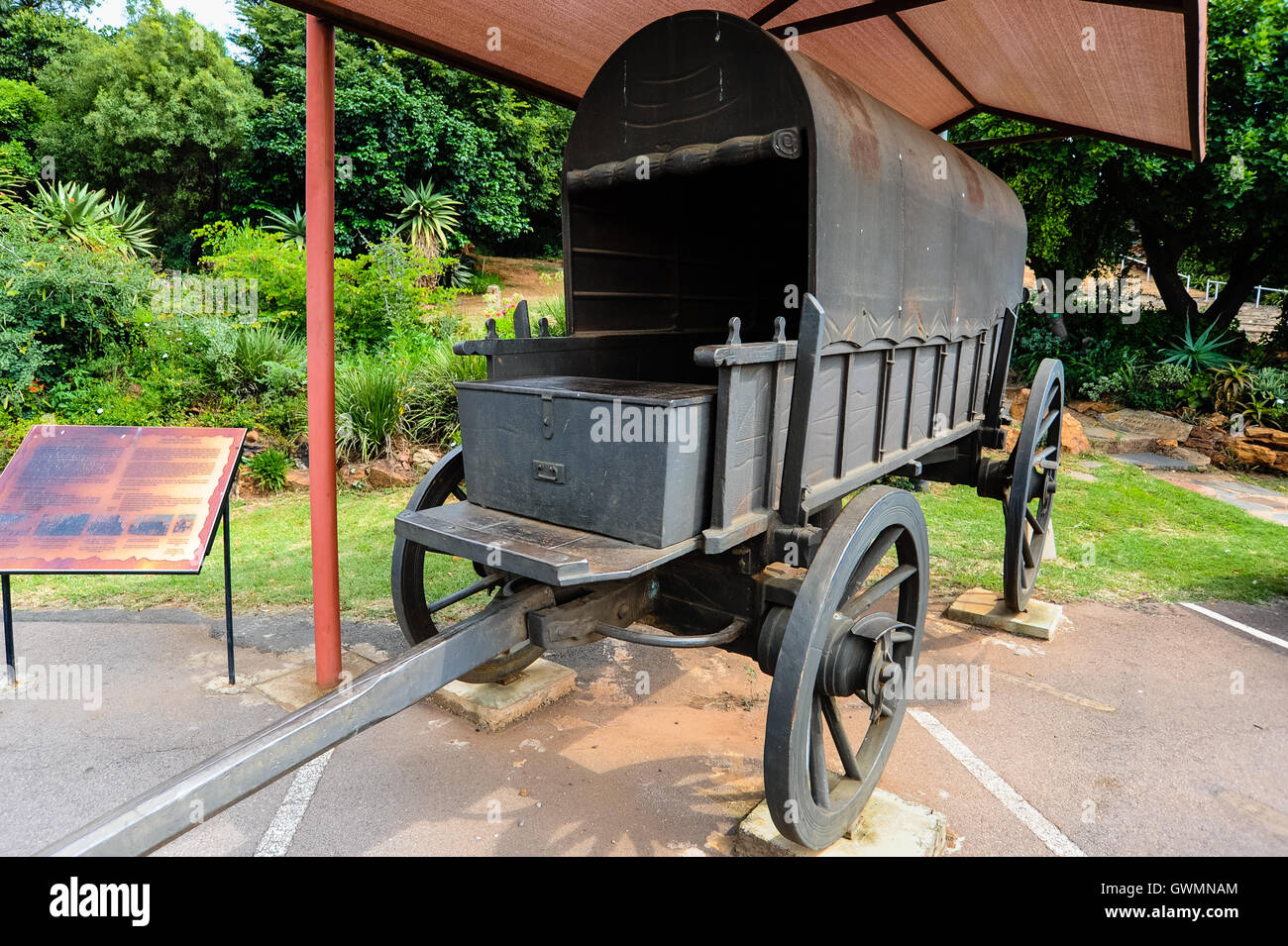 A wagon. The Voortrekker Monument is situated in Pretoria, South Africa. Built in memory of the Voortrekkers, pioneers who left the Cape Colony in the thousands between 1835 and 1854. Stock Photo