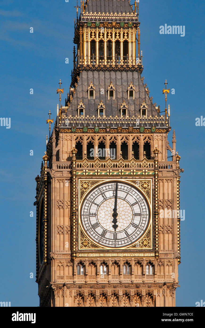Big Ben's Clock Face at 6pm, Houses of Parliament, London, England, UK Stock Photo