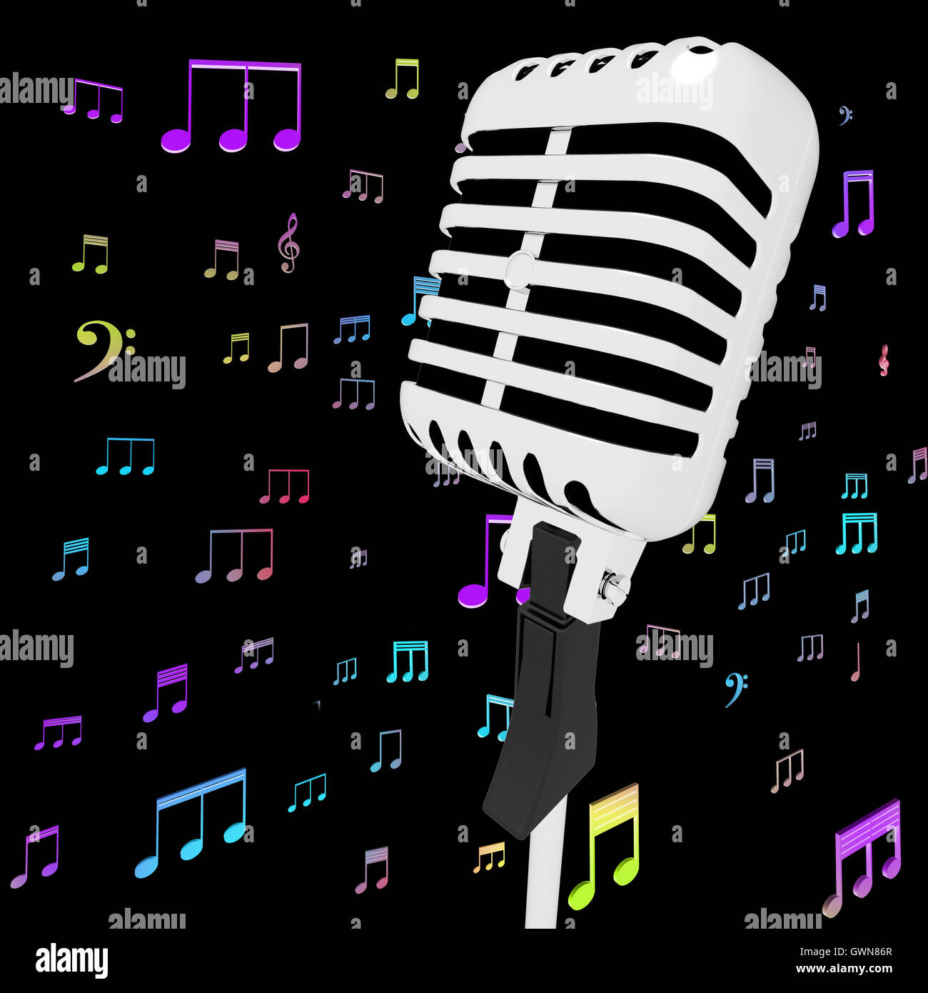 Microphone Music Closeup With Musical Notes Shows Songs Or Hits Stock Photo