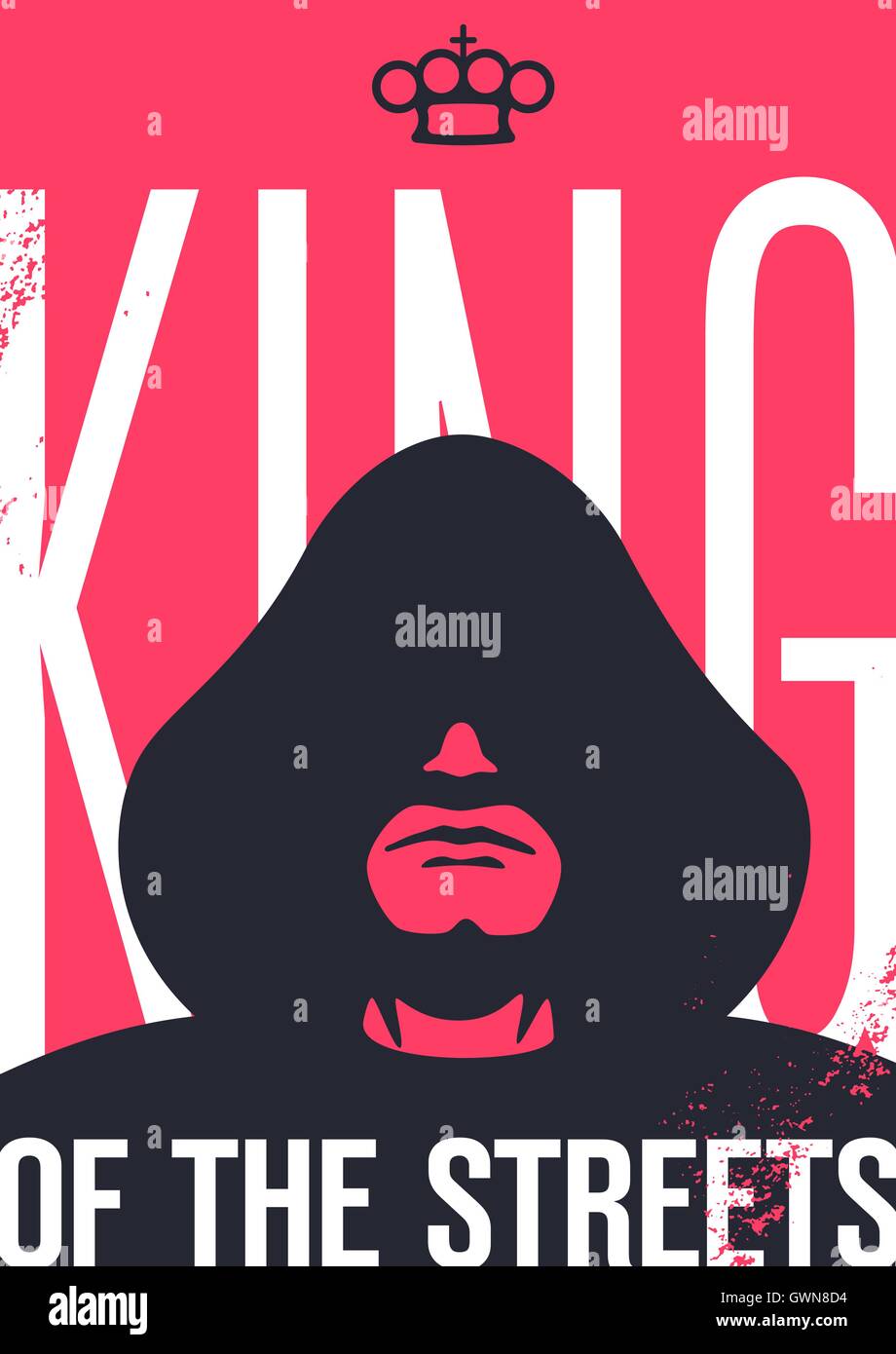 King of the streets. Man in the hood with shadowed face. Crown is in shape of brass knuckles. Grunge style poster. Stock Vector