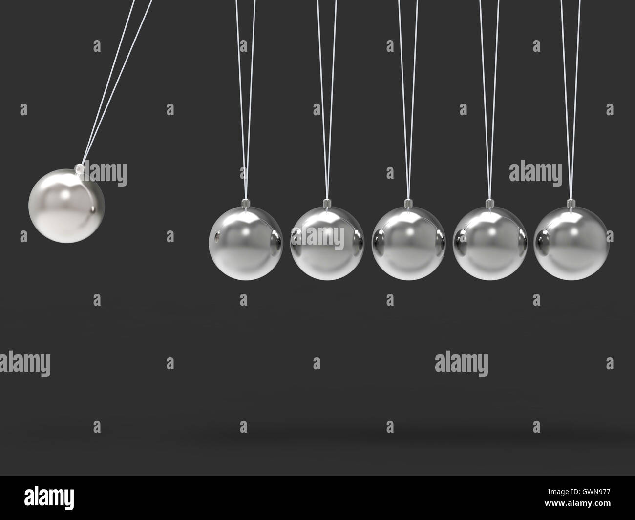 Six Silver Newtons Cradle Shows Blank Spheres Copyspace For 6 Le Stock Photo