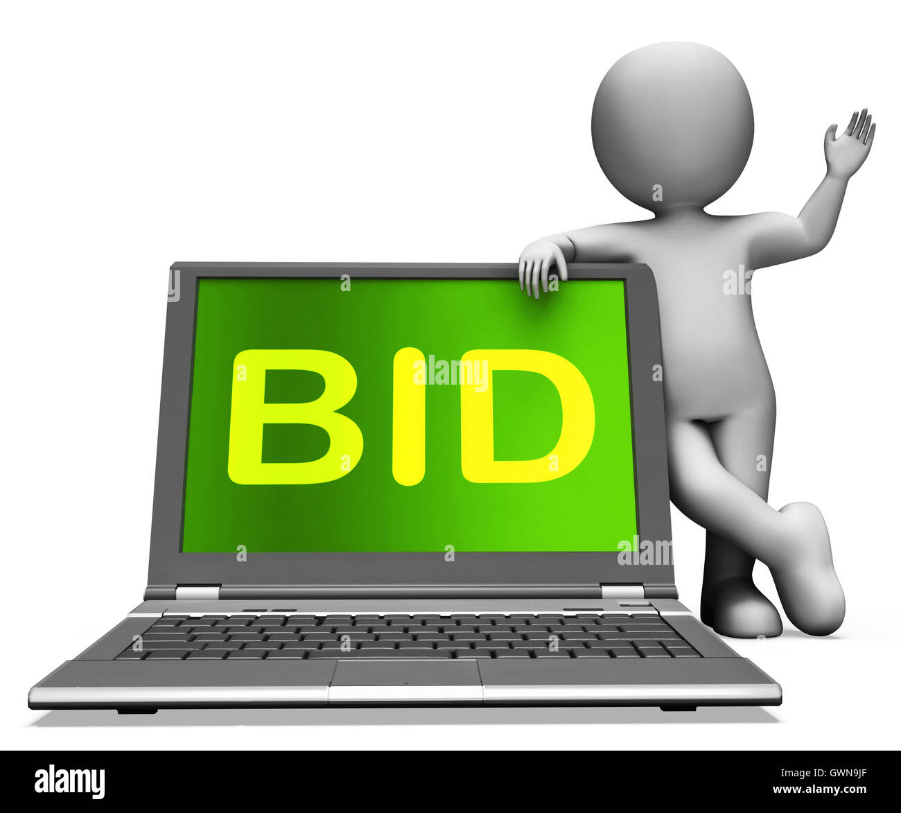 Bid Laptop And Character Shows Bidder Bidding Or Auctions Online Stock Photo